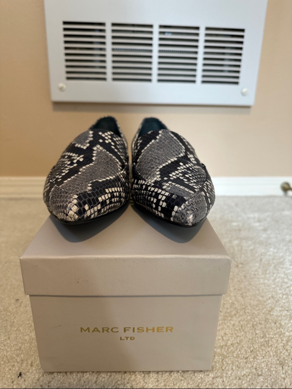 Marc Fisher Snake-Print Pointed Toe Flats in Black and Gray